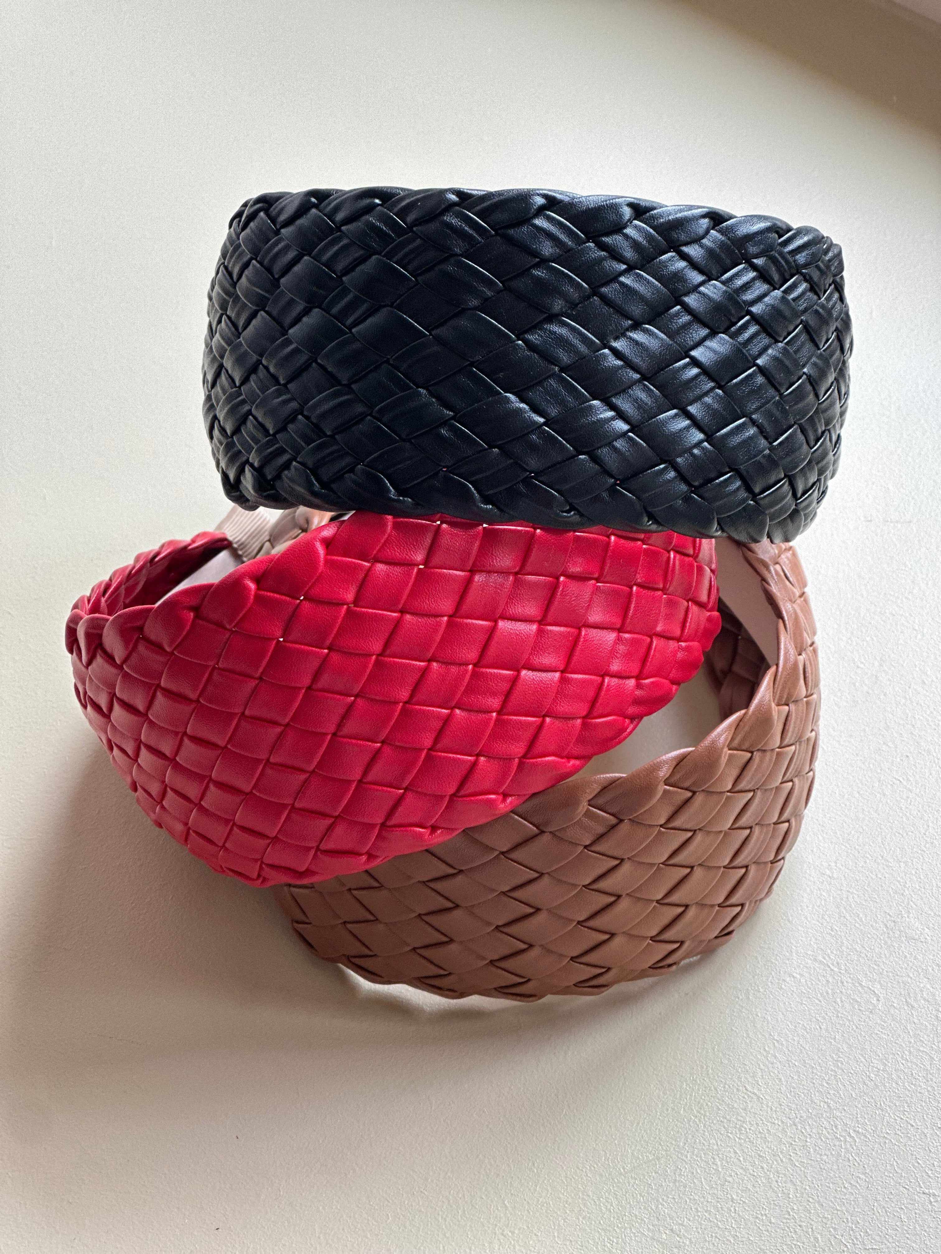 Faux Leather Basket Weave Black Plaited Headband