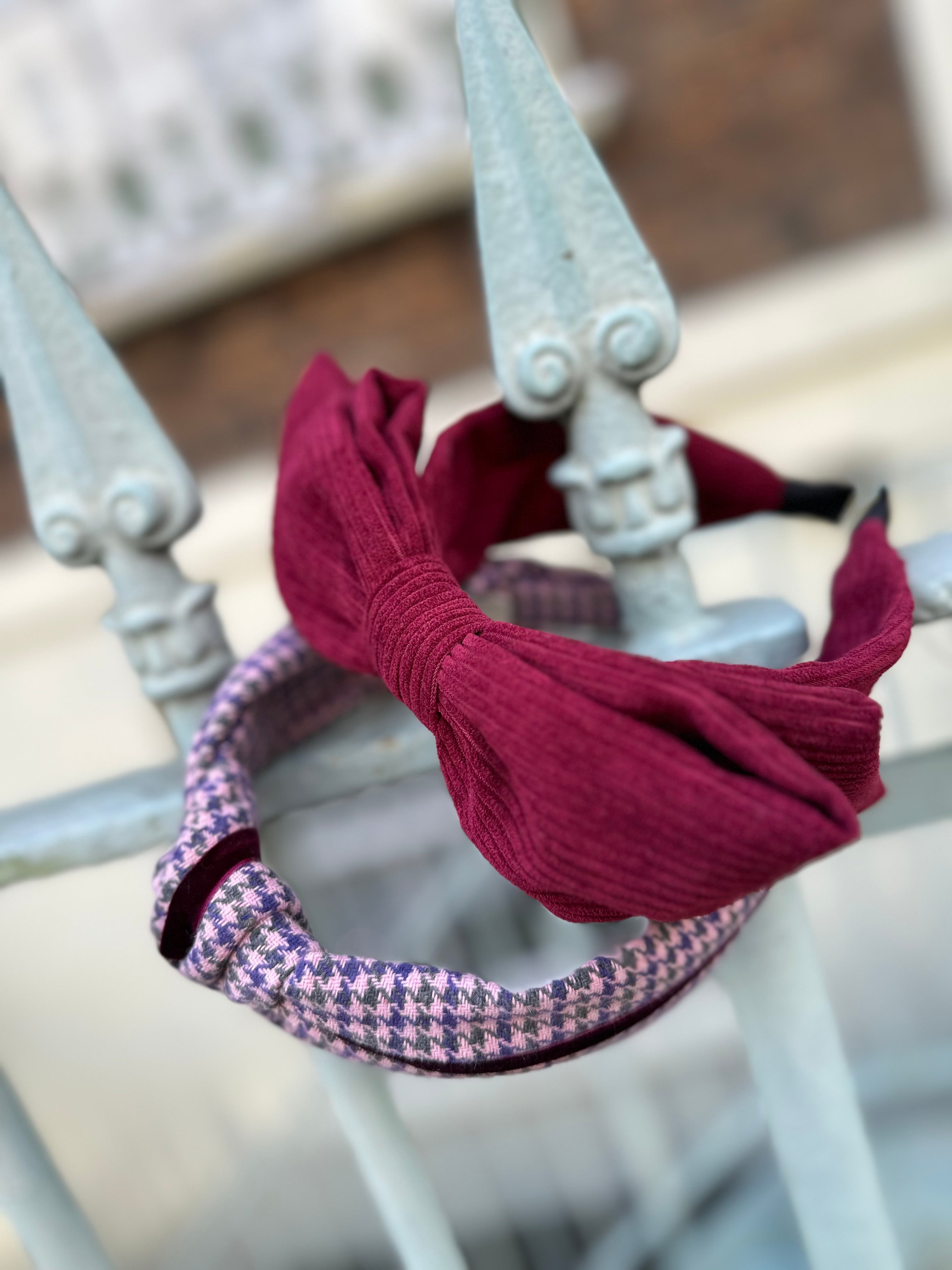 Knotted Headband in Classic British Tweed with Burgundy Velvet Ribbon – Born in the Sun - Born In The Sun