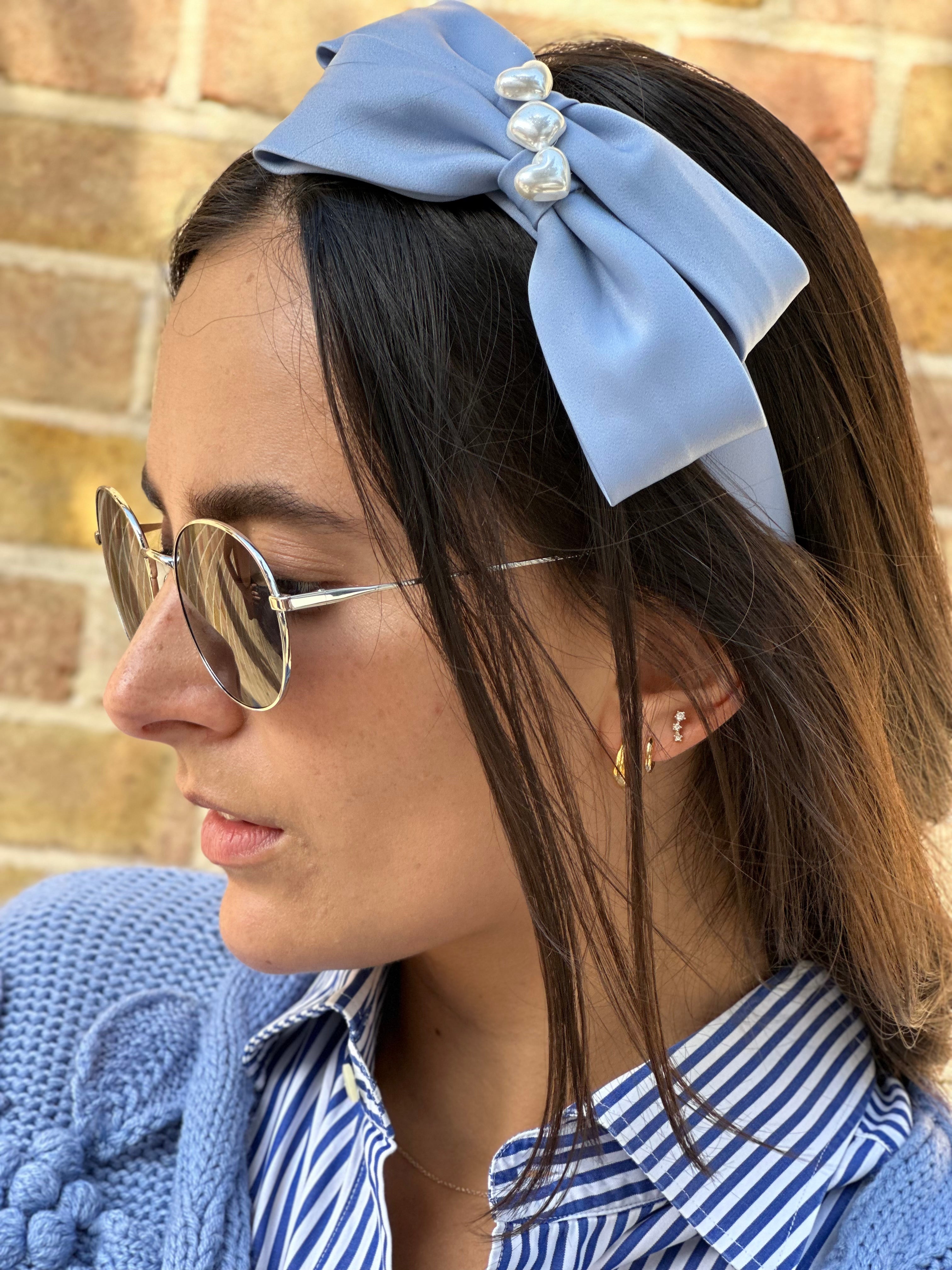 Pale Blue silk bow ribbon with pearl detail Headband - Born In The Sun