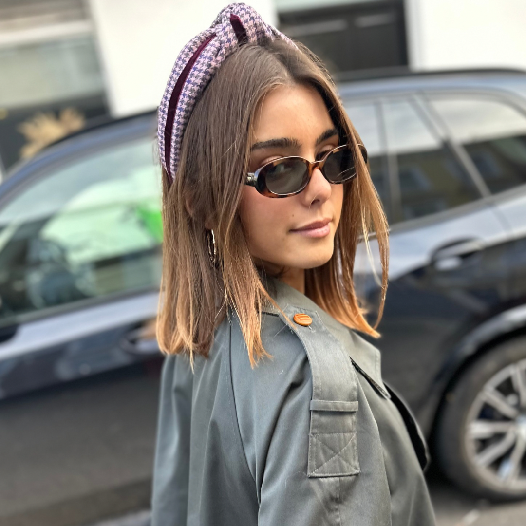 Knotted Headband in Classic British Tweed with Burgundy Velvet Ribbon – Born in the Sun - Born In The Sun
