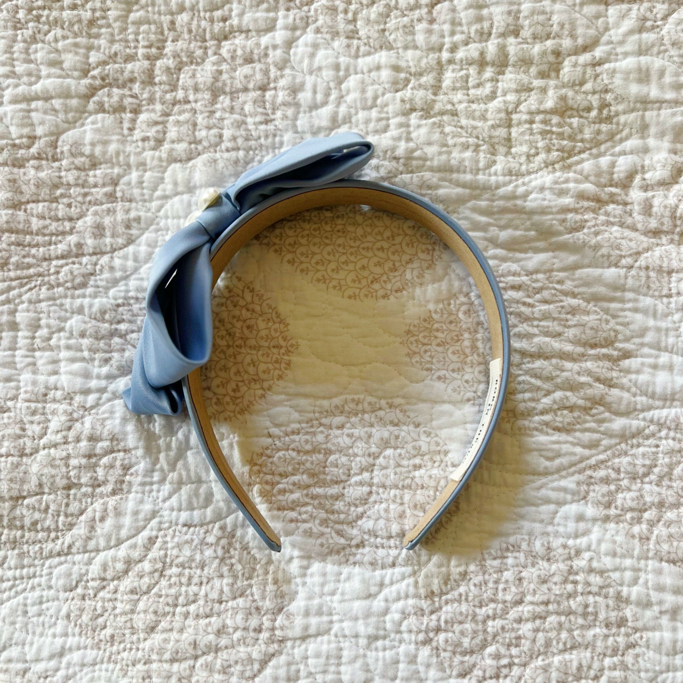Pale Blue silk bow ribbon with pearl detail Headband - Born In The Sun