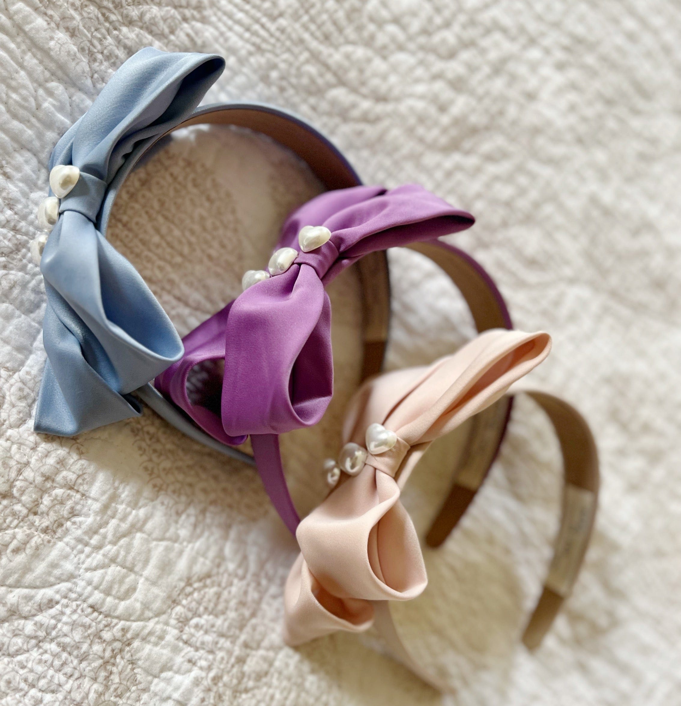 Pale Pink silk bow ribbon with pearl detail Headband - Born In The Sun