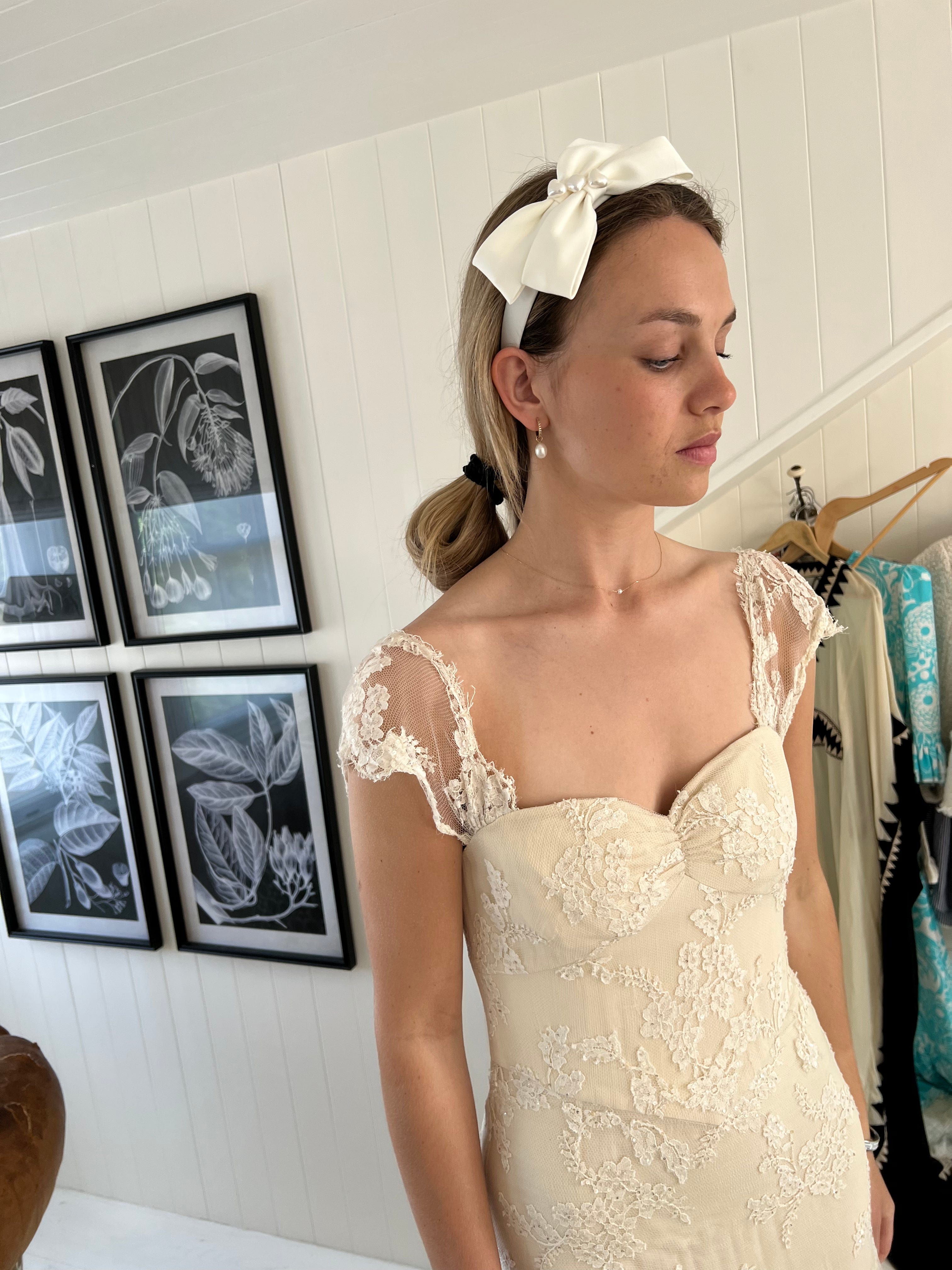 White silk bow ribbon with pearl detail Headband - Born In The Sun