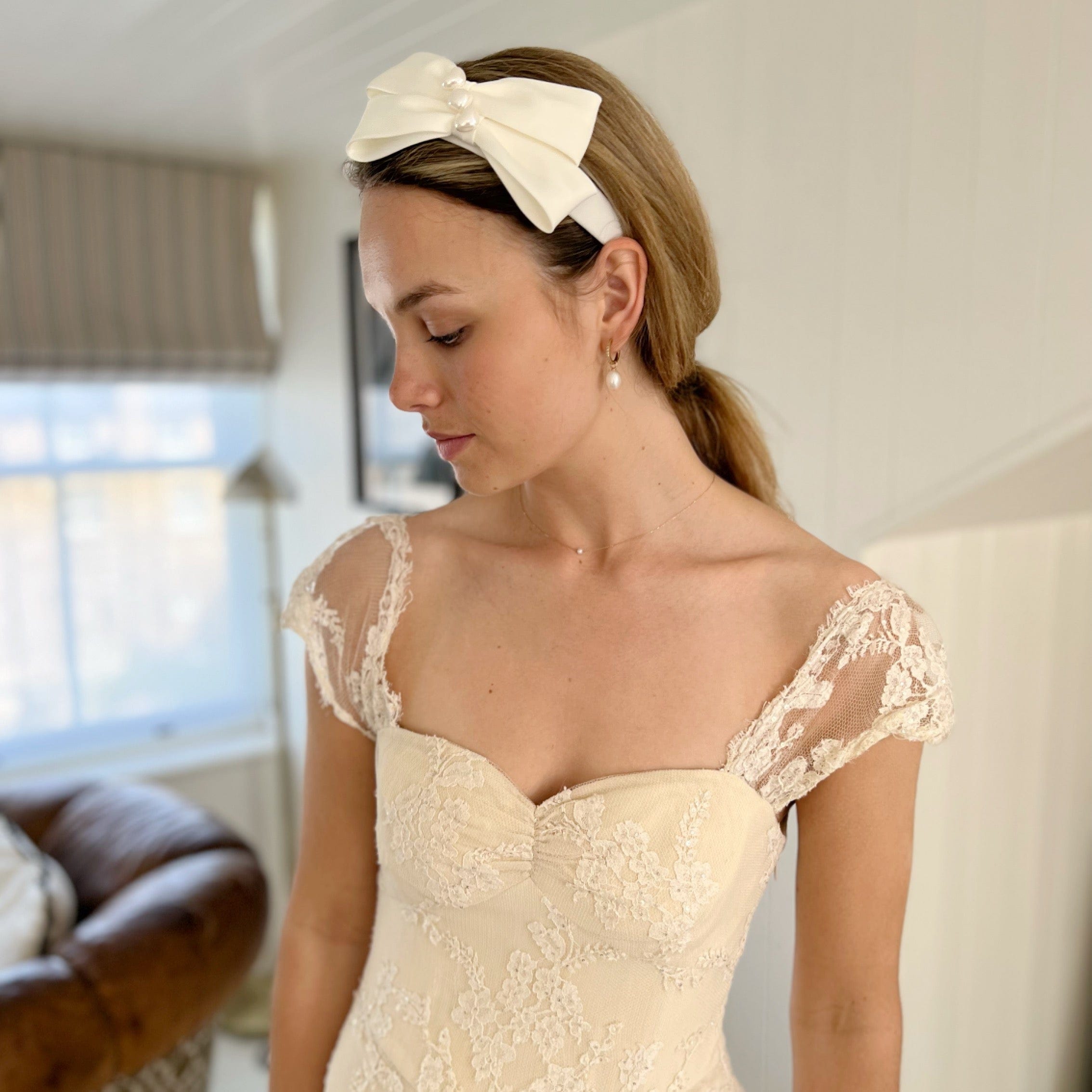 White silk bow ribbon with pearl detail Headband - Born In The Sun