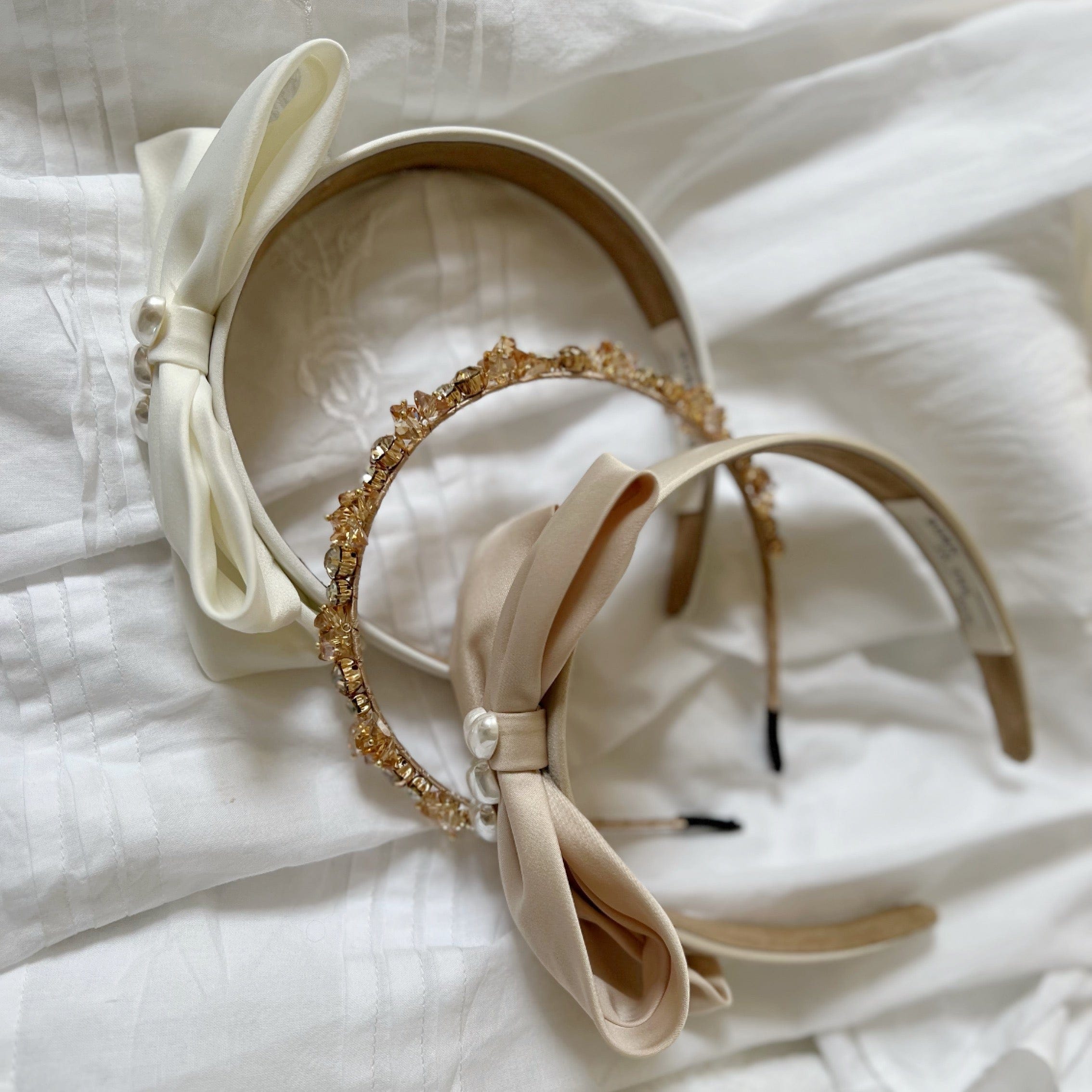 White silk bow ribbon with pearl detail Headband - Born In The Sun