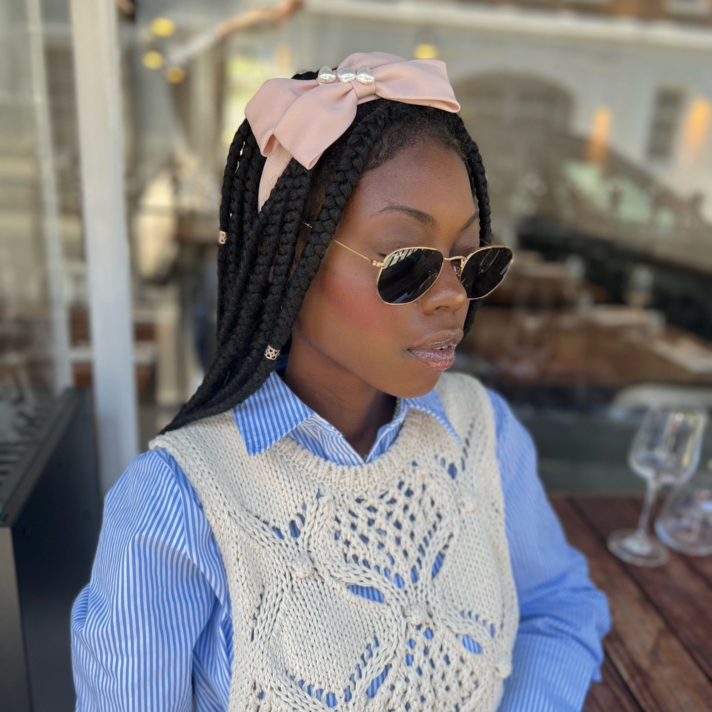 Pale Pink silk bow ribbon with pearl detail Headband - Born In The Sun