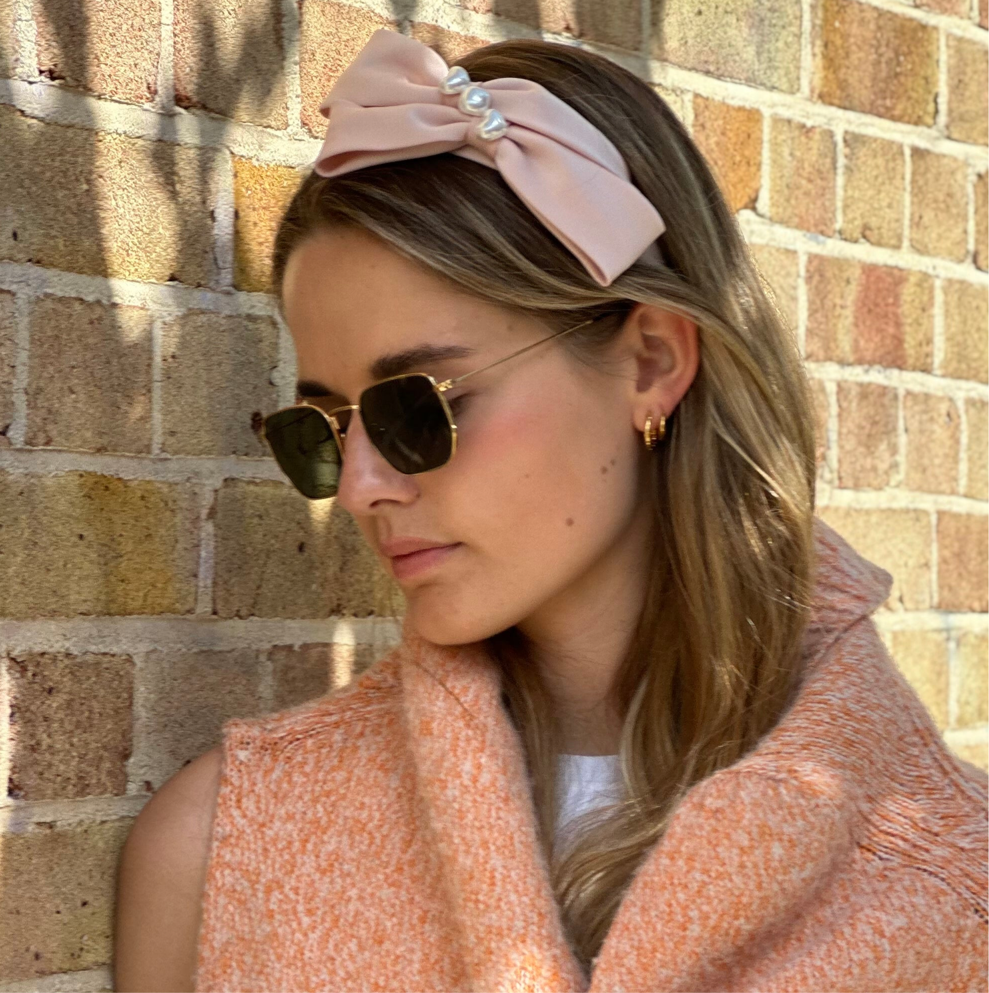 Pale Pink silk bow ribbon with pearl detail Headband - Born In The Sun