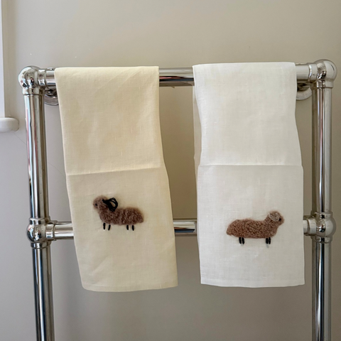 Hand towel linen with caramel wool sheep