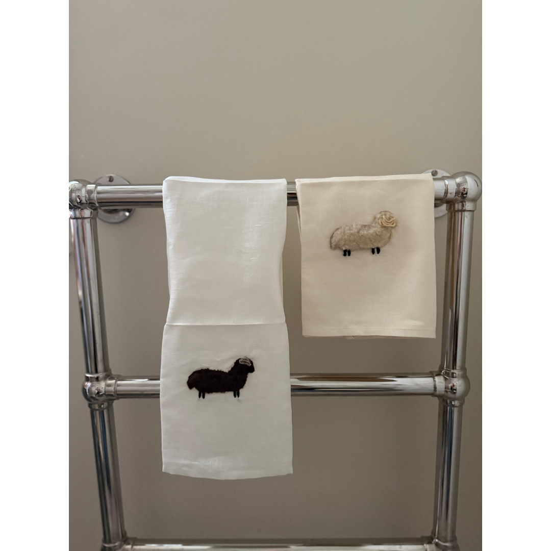 Hand towel linen with chocolate wool sheep