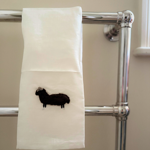 Hand towel linen with chocolate wool sheep