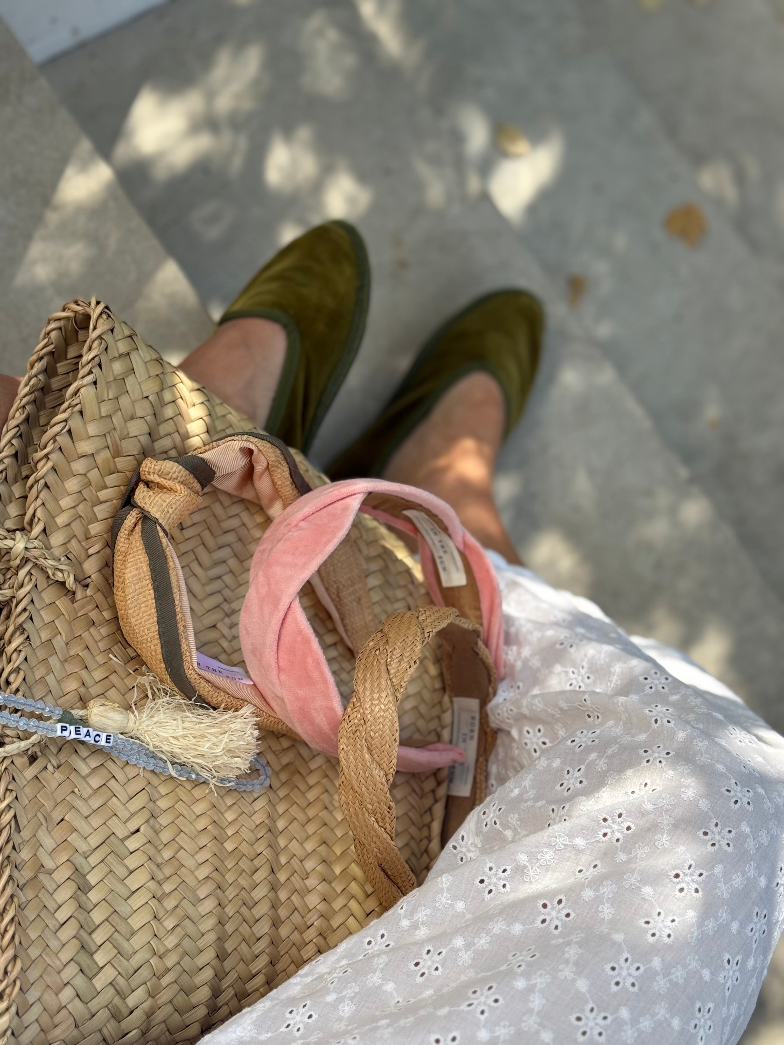 Beige Raffia Knotted Headband with Military Green Grosgrain Ribbon – Born in the Sun - Born In The Sun