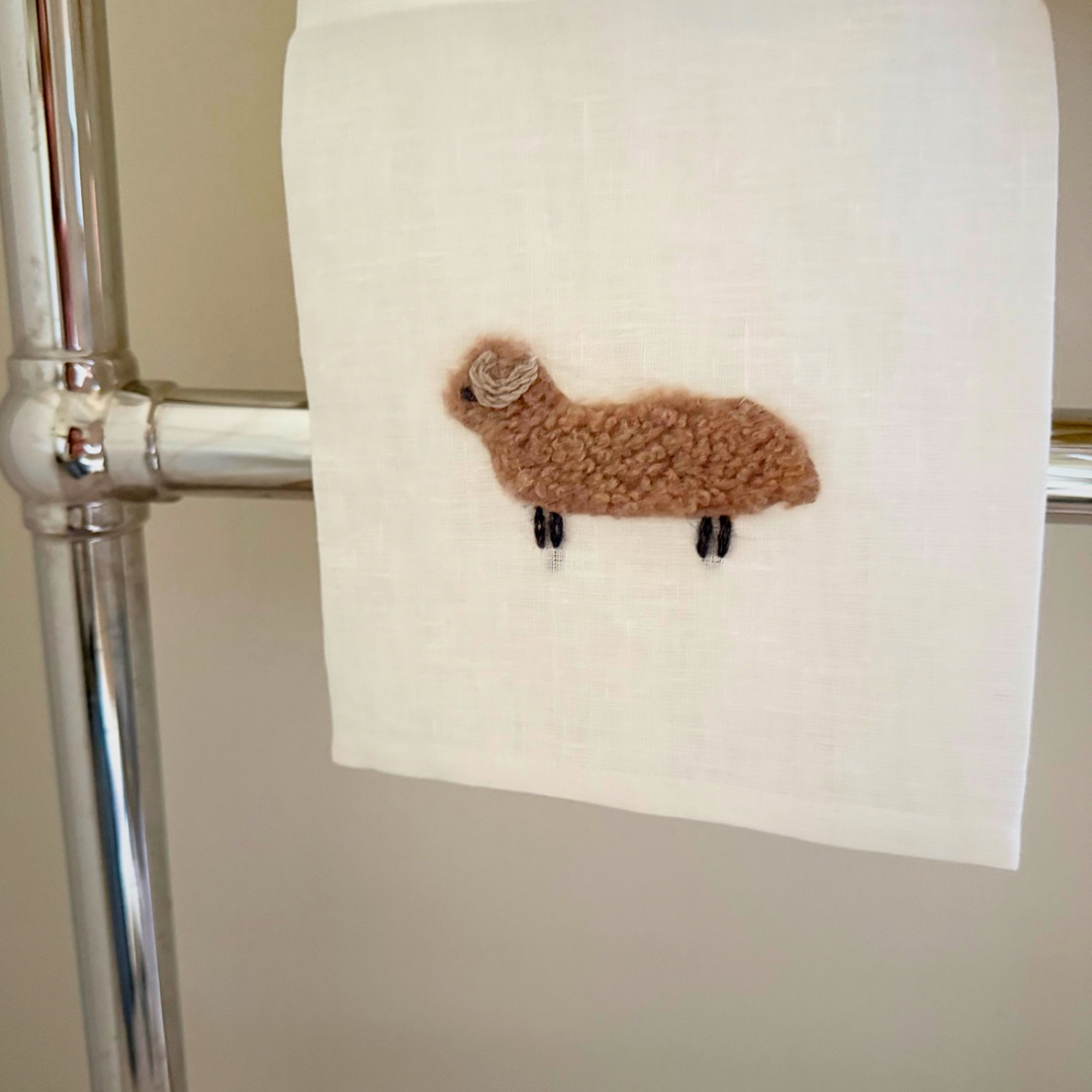 Hand towel linen with caramel wool sheep