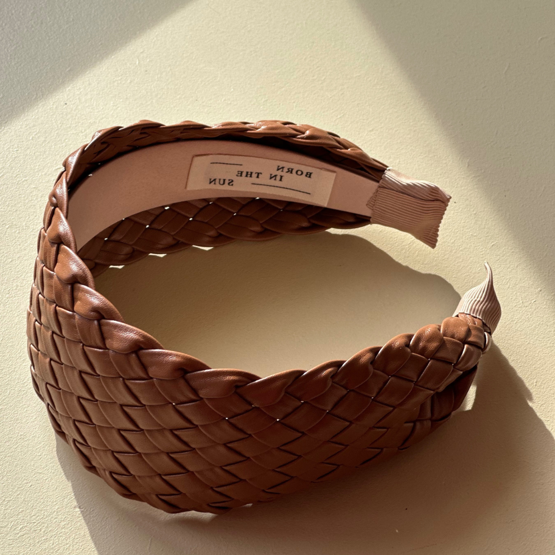 Tan Woven Platted Leather Headband
