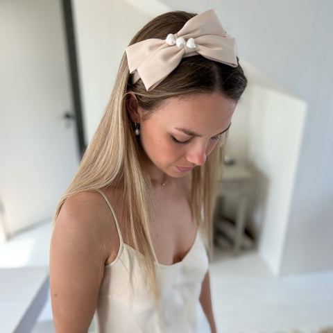 Beige silk bow ribbon with pearl detail Headband - Born In The Sun