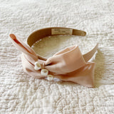 Pale Pink silk bow ribbon with pearl detail Headband - Born In The Sun