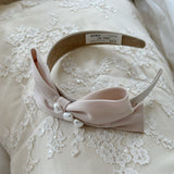 Beige silk bow ribbon with pearl detail Headband - Born In The Sun