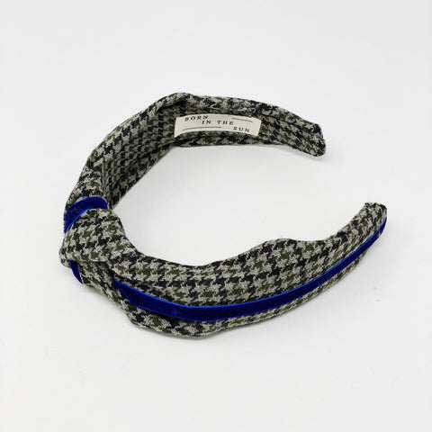 Light Grey Tweed and blue velvet Knotted Headband at Born In The Sun - Borninthesun